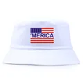 Λευκό βαμβακερό καπέλο bucket με στάμπα 'MERICA και σημαία των ΗΠΑ για ηλιοπροστασία και στυλ - Ένα μέγεθος / Λευκό
