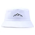 White cotton bucket hat featuring a minimalist black mountain print for outdoor activities - White