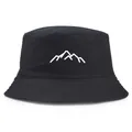 Classic black bucket hat with white mountain peak embroidery for outdoor hiking and fishing - Black