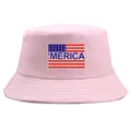 Pink cotton bucket hat featuring blue 'MERICA print with American flag elements on front - Adult One Size (58cm Non-adjustable) / Pink