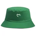 Green cotton bucket hat with white heart embroidery for women outdoor sun protection - Adult One Size (58cm Non-adjustable) / Green