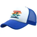 Blue and white trucker hat featuring a tropical beach sunset and palm tree print - Adult One Size (58cm Adjustable) / Blue