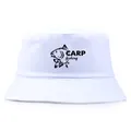 White cotton carp fishing bucket hat with black fish print and carp fishing text logo - 56-58cm / White