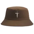 Brown cotton bucket hat featuring white Jesus cross embroidery on a white background - One Size (58cm) / Coffee