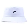 Minimalist white cotton bucket hat with black heart embroidery for outdoor sun protection - One Size / White