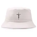 Beige cotton bucket hat featuring a black vertical Jesus cross print design - One Size (58cm) / Off White