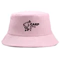Pink bucket hat featuring a realistic carp fishing graphic and bold text on white background - Pink