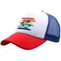 Adult red white and blue trucker hat with tropical palm trees and sunset print - Adult One Size (58cm Adjustable) / Royal Blue and Red