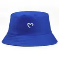 Navy blue cotton bucket hat with a white minimalist heart print and stitched brim - One Size / Sapphire Blue
