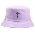 Lavender cotton bucket hat with black Jesus cross print for outdoor summer fashion - One Size (58cm) / Light Purple
