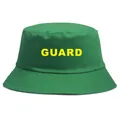 Dark green bucket hat with yellow GUARD print in durable cotton twill fabric - One Size / Green