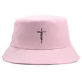 Pink cotton bucket hat featuring a black Jesus cross design for summer outdoor style - One Size (58cm) / Pink