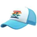 Blue trucker hat featuring a tropical palm tree and sunset print on a white front panel - Adult One Size (58cm Adjustable) / Sky Blue