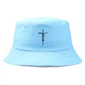 Sky blue cotton bucket hat with black Jesus cross logo in a minimalist summer style - One Size (58cm) / Sky Blue
