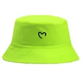 Neon green cotton bucket hat with black heart print and reinforced stitched brim design - Adult One Size (58cm Non-adjustable) / Fluorescent Green