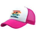 Pink and white mesh trucker hat featuring a tropical sunset and palm tree print design - Adult One Size (58cm Adjustable) / Rose Red