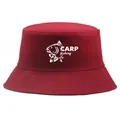 Dark red bucket hat featuring a white carp fishing print on durable cotton fabric - Burgundy