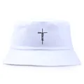 White cotton bucket hat with black Jesus cross logo print for unisex outdoor wear - One Size (58cm) / White