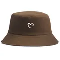 Coffee brown cotton bucket hat featuring a white heart print on the front panel - Adult One Size (58cm Non-adjustable) / Coffee