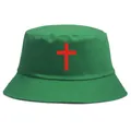 Cappello a secchiello verde con croce rossa, parte superiore piatta e tela resistente - Taglia unica per adulti (58 cm non regolabile) / Verde