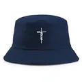 Navy blue bucket hat featuring a white Jesus cross artistic script design - One Size (58cm) / Navy Blue