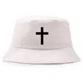 Cappello a secchiello minimalista in cotone bianco con stampa a croce nera nera - Taglia unica per adulti (58 cm non regolabile) / Beige con Stampa Nera