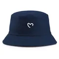 Dark blue cotton bucket hat featuring a white heart print for sun protection and style - Adult One Size (58cm Non-adjustable) / Navy Blue