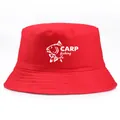 Red cotton carp fishing bucket hat with white printed fish motif and text detail - Red