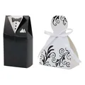 Elegant tuxedo and white gown wedding candy boxes with delicate ribbon and vine details - Patterned Suit