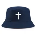 Cappello a secchiello blu navy in cotone con croce bianca e tesa cucita moda - Taglia unica per adulti (58 cm non regolabile) / Blu Navy con Stampa Bianca