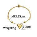 Detail of gold heart pendant bracelet with size specs, 25cm length and 1.3cm charm height - Pull-out Heart Slide Clasp Style (B961)