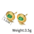 Detailed size view of gold round earrings with green stone inlay showing 1.2cm diameter - Oval Green Stone Stud Earrings