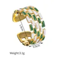 Adjustable stainless steel wide open ring with green and white checkerboard enamel - Green And White Woven Plaid Style (R622-lv)