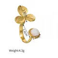 French vintage gold plated open ring featuring a white pearl and leaf design - Leaf and Pearl Style (R704-F)