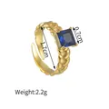Gold plated open ring with twisted band and square blue zircon stone setting - Braided Blue Stone Style (R702-A)