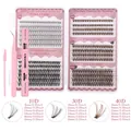 DIY 480 clusters brown and black lash extension kit with glue and tools for natural look - Lashes with Pink Tool Set (DIY-JMS-247) / Including Bond & Seal Glue, Tweezers & Brush