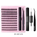 DIY eyelash extension kit with 10 rows of cluster lashes, pink tray, glue and tweezers - Natural Segmented Eyelashes Set (DIY-SET-016)