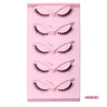 Five pairs of L-type clear band false eyelashes in HLY5-16 style on pink tray - Dense Interleaved Fan Style (HLY5-16)