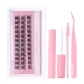 DIY Manga-Wimpern-Set mit schwarzen Clustern, Kleber, Bürste und rosa Pinzette - Diy 3-001 + Einseitiger Kleber + Bürstenkopf + Pinzette