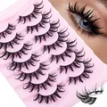 Set of 7 pairs of thick curly black false eyelashes on pink tray with model eye effect - Black Curled Style(DZ-003)