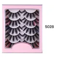 Five pairs of voluminous faux mink eyelashes with red and blue accents in a pink window box - Colorful Thick Curled Style (5028)