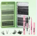 DIY cluster eyelash extension kit with light green storage case and pink tools - Mixed Cluster Lashes And Pink Remover Tools (DIY-JIMS001+粉色去除剂套装)