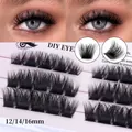 DIY cluster lash extension set featuring 12mm, 14mm, and 16mm thick black false eyelashes - DIY3-005