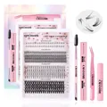 Kit de extensión de pestañas DIY con 360 racimos, pegamento y pinzas profesionales - DIY-SET-233 + Kit de Pegamento y Removedor Rosa