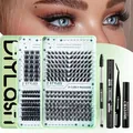 DIY cluster eyelash kit with Fox Eye extensions in D curl including glue and tools - Russian Style 008 Set - Black Accessories
