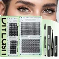 DIY lash extension kit with D curl cluster lashes, bond, seal, and professional tweezers - Russian Style 009 Set - Black Accessories