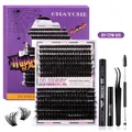 Halloween DIY Wimpernverlängerung Set mit 60D 80D Clustern und lila Applikator Werkzeug - Schwarzer Kompletter Kit-Stil (DIY-TZYW-020) / Inklusive Kleber Entferner Werkzeuge