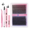 DIY cluster eyelash extension kit with pink tools and mixed lengths of 10-18mm black lashes - DIY-SET-271 (Pink Tool Set)