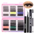 DIY eyelash extension kit with colorful individual clusters, bond and seal, and tweezers - Eyelash Set With Black Tools