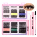 DIY cluster eyelash extension kit with colored lashes, glue, and tweezers set - Eyelash Set With Pink Tools